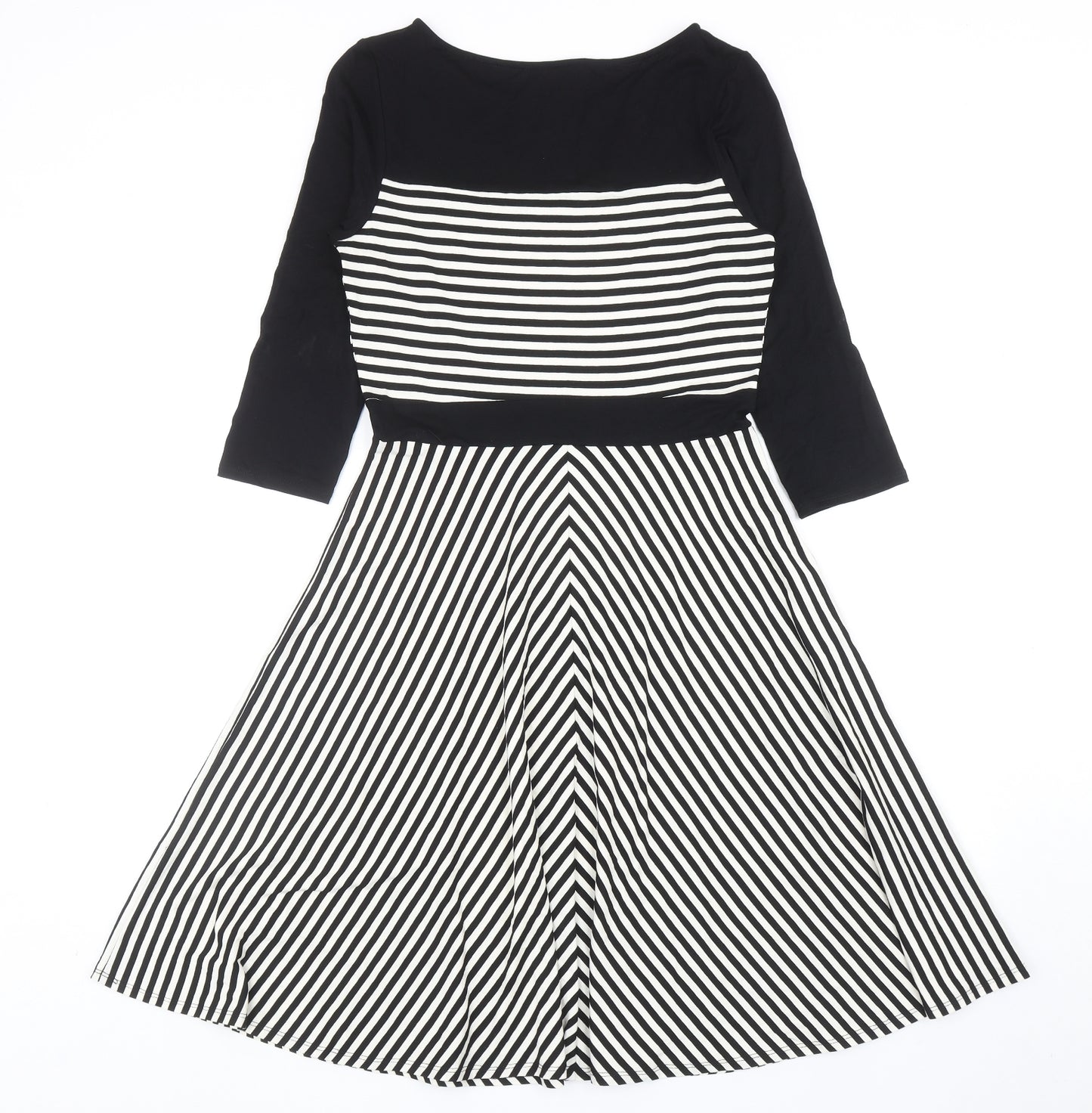 M&Co Womens Black Striped Viscose Skater Dress Size 10 Boat Neck Pullover