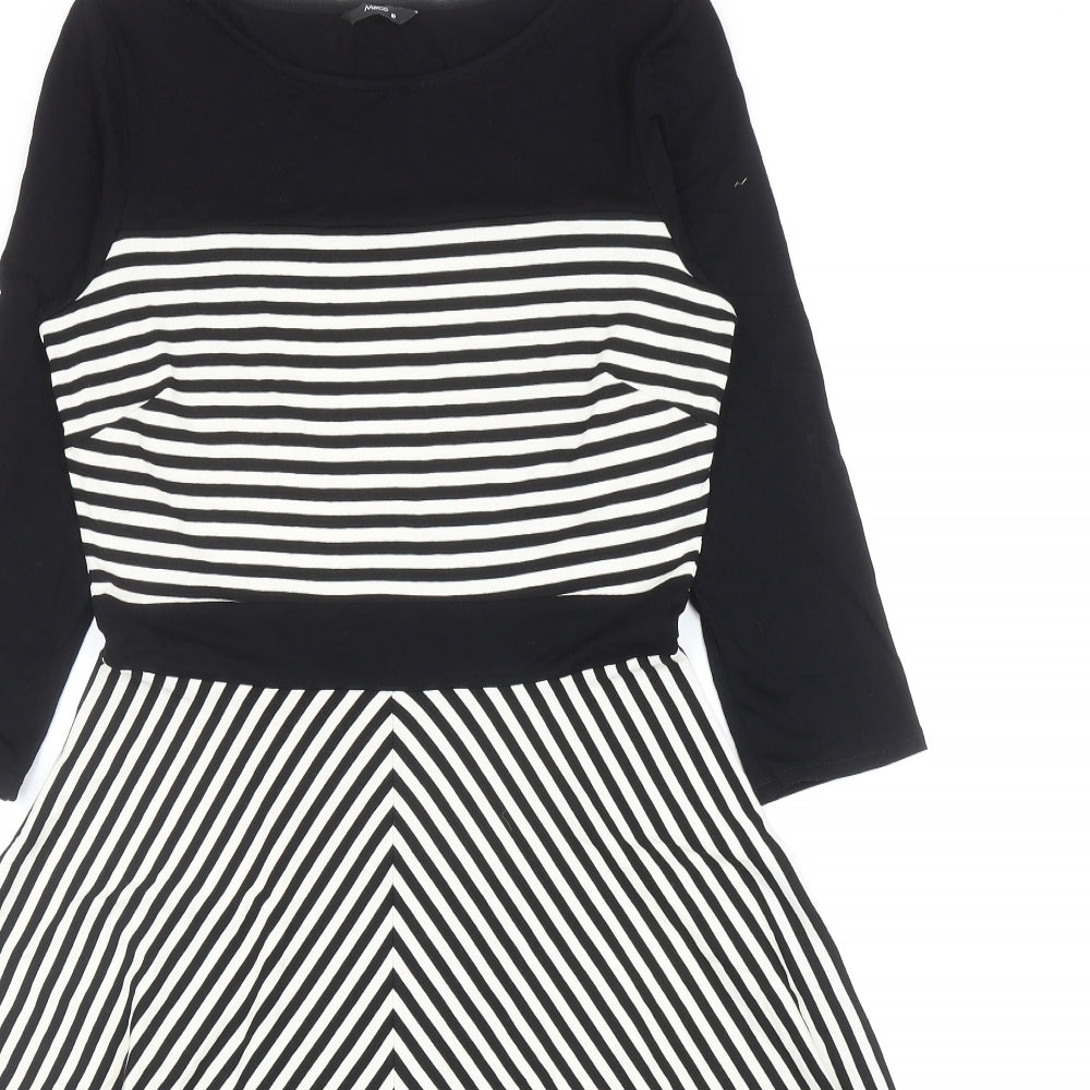 M&Co Womens Black Striped Viscose Skater Dress Size 10 Boat Neck Pullover