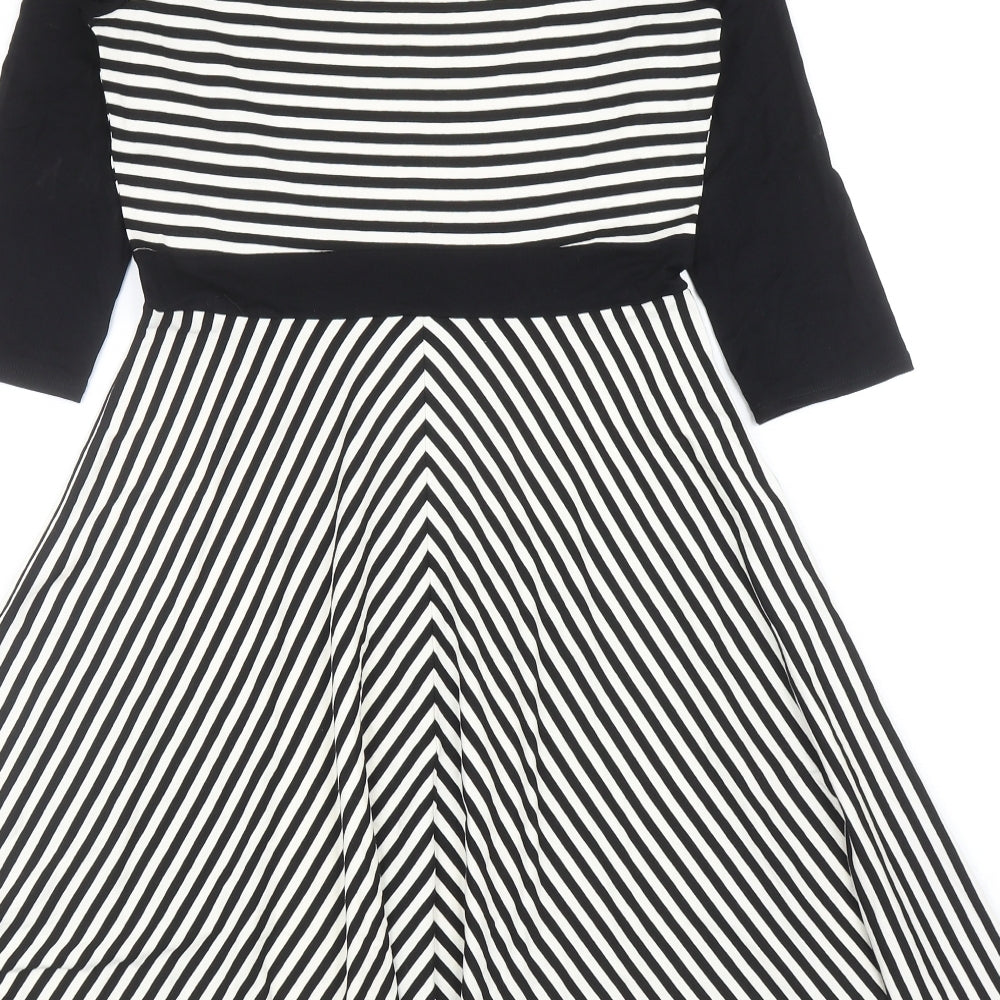 M&Co Womens Black Striped Viscose Skater Dress Size 10 Boat Neck Pullover