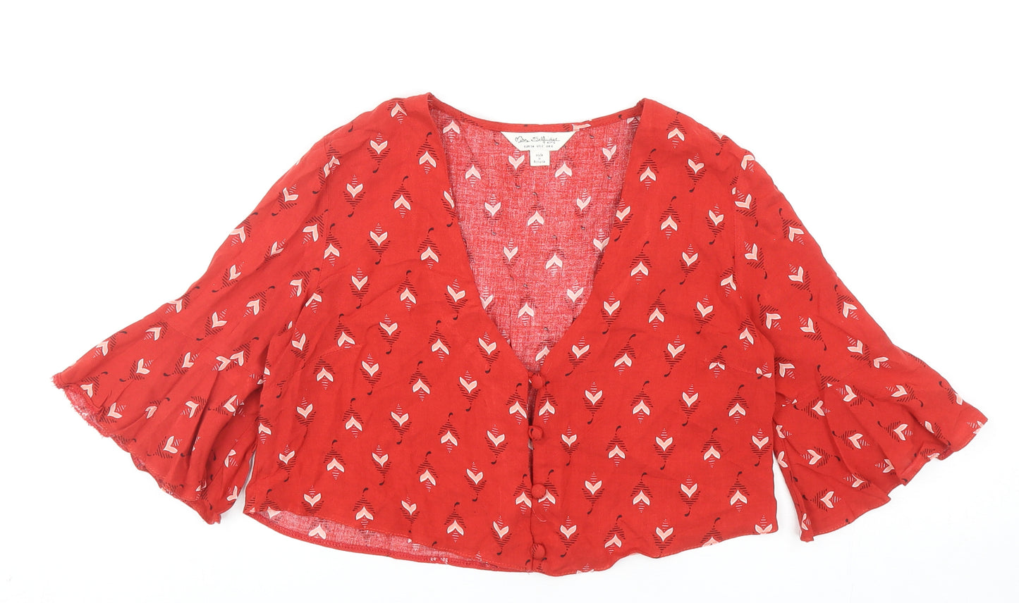 Miss Selfridge Womens Red Geometric Viscose Cropped Button-Up Size 6 V-Neck