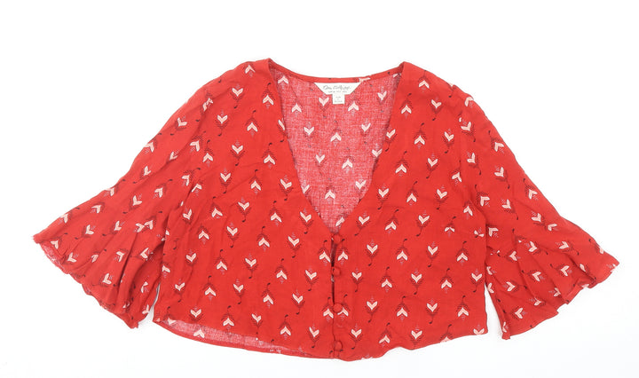 Miss Selfridge Womens Red Geometric Viscose Cropped Button-Up Size 6 V-Neck