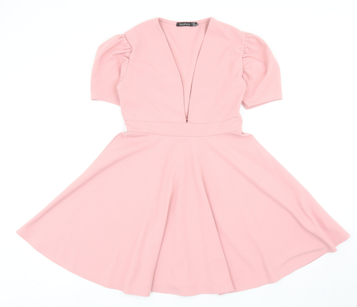 Boohoo Womens Pink Polyester Skater Dress Size 10 V-Neck Pullover