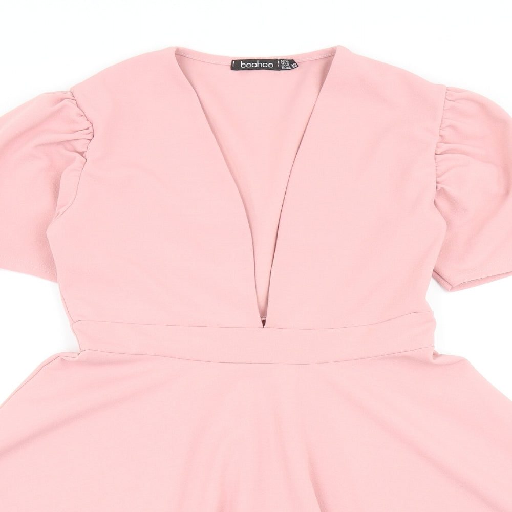 Boohoo Womens Pink Polyester Skater Dress Size 10 V-Neck Pullover