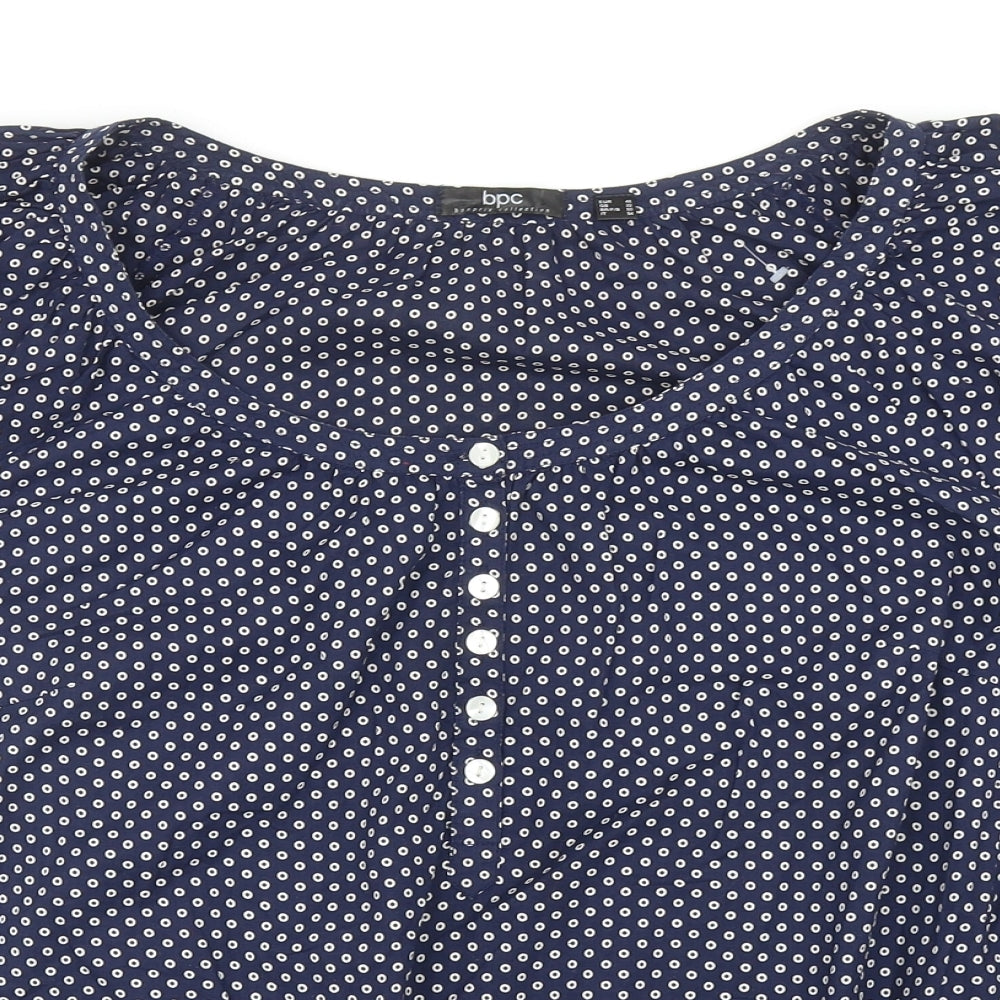 bonprix Womens Blue Polka Dot Cotton Basic Blouse Size 22 Round Neck