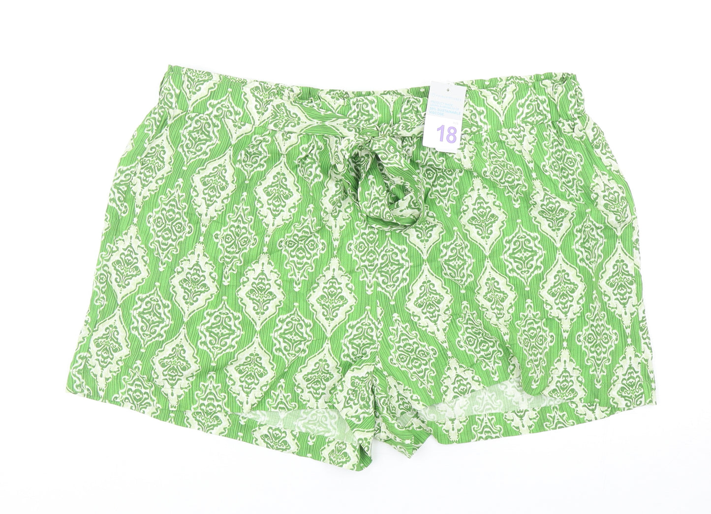 Primark Womens Green Geometric Viscose Bermuda Shorts Size 18 Regular Tie