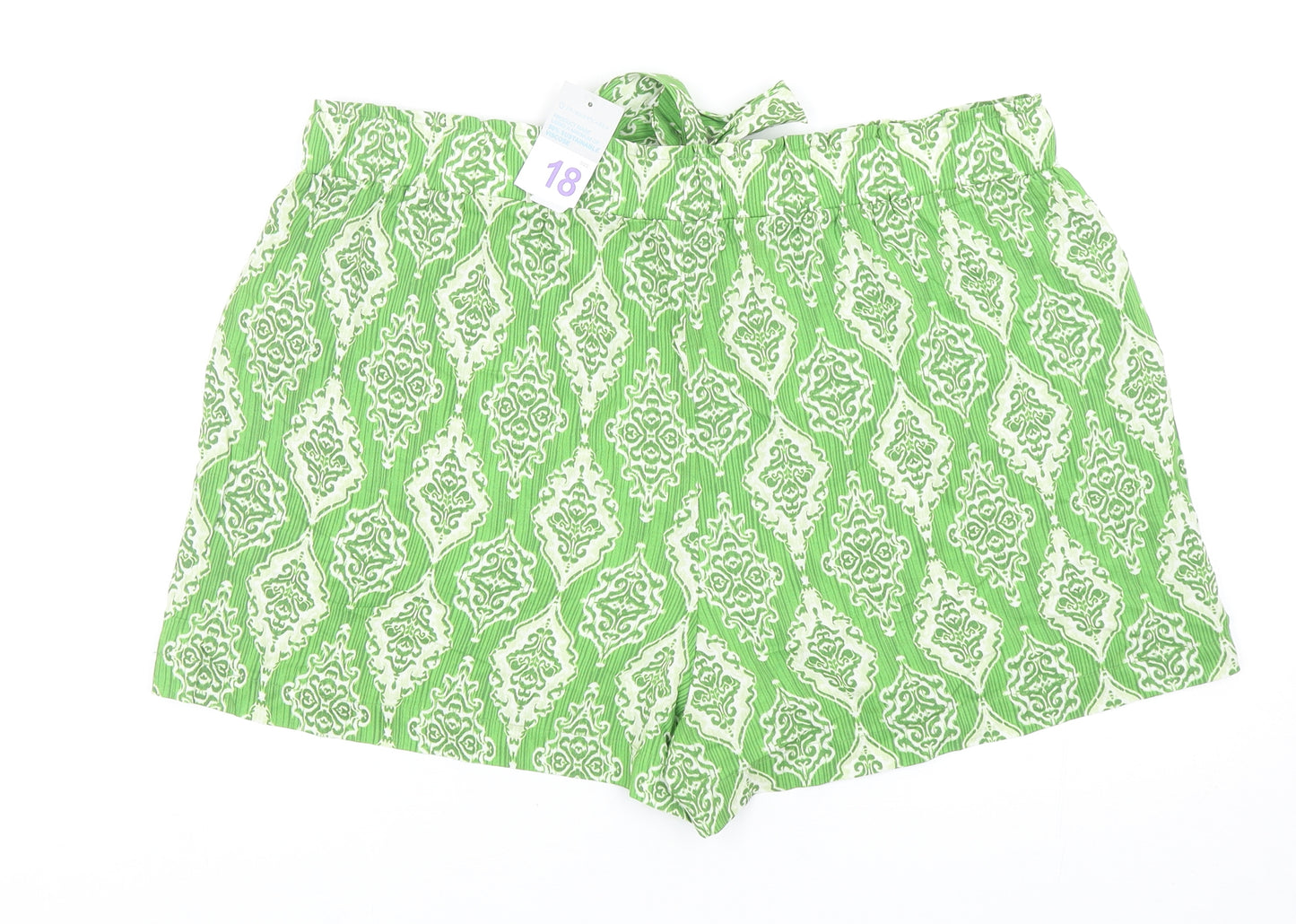 Primark Womens Green Geometric Viscose Bermuda Shorts Size 18 Regular Tie