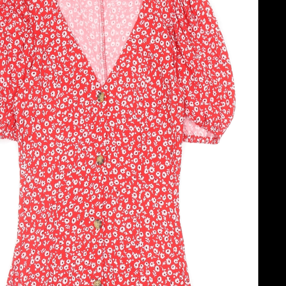 Divided by H&M Womens Red Floral Viscose Mini Size 4 V-Neck Button