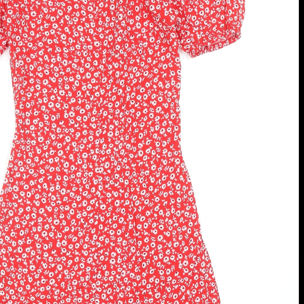 Divided by H&M Womens Red Floral Viscose Mini Size 4 V-Neck Button