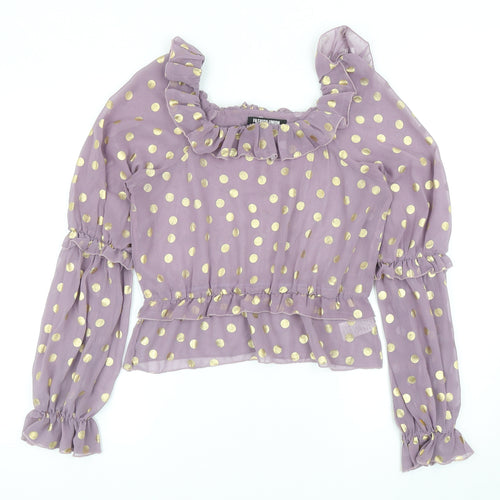 Fashion Union Womens Purple Polka Dot Polyester Basic Blouse Size 12 Round Neck