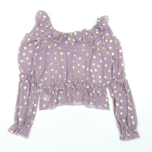 Fashion Union Womens Purple Polka Dot Polyester Basic Blouse Size 12 Round Neck