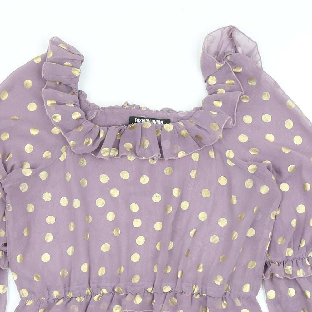 Fashion Union Womens Purple Polka Dot Polyester Basic Blouse Size 12 Round Neck