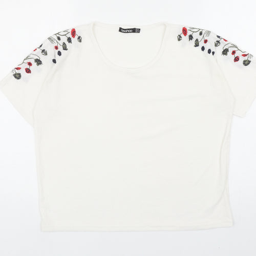 Boohoo Womens White Polyester Basic T-Shirt Size 6 Round Neck - Floral Detail