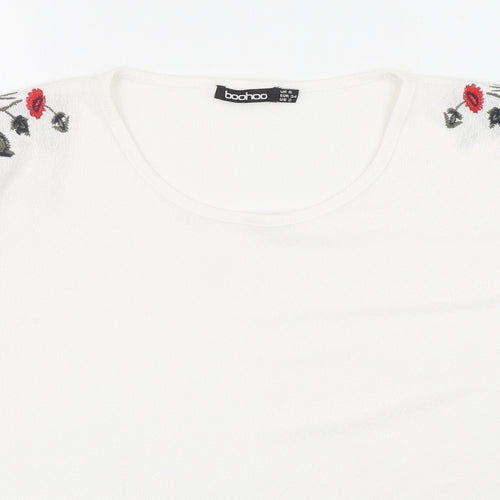 Boohoo Womens White Polyester Basic T-Shirt Size 6 Round Neck - Floral Detail