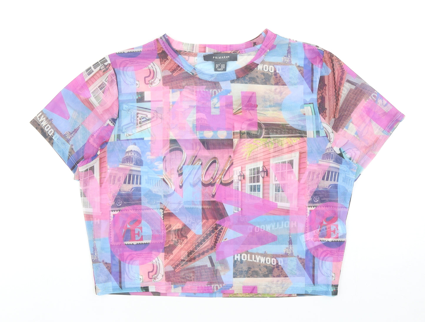 Primark Womens Pink Geometric Polyester Cropped T-Shirt Size L Round Neck