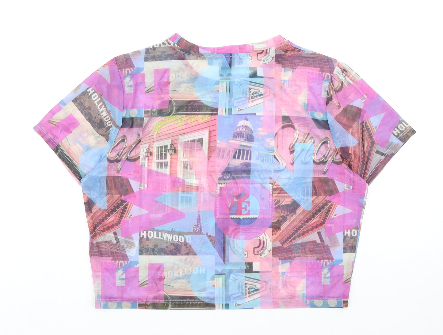 Primark Womens Pink Geometric Polyester Cropped T-Shirt Size L Round Neck