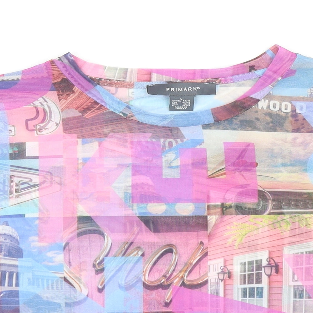 Primark Womens Pink Geometric Polyester Cropped T-Shirt Size L Round Neck