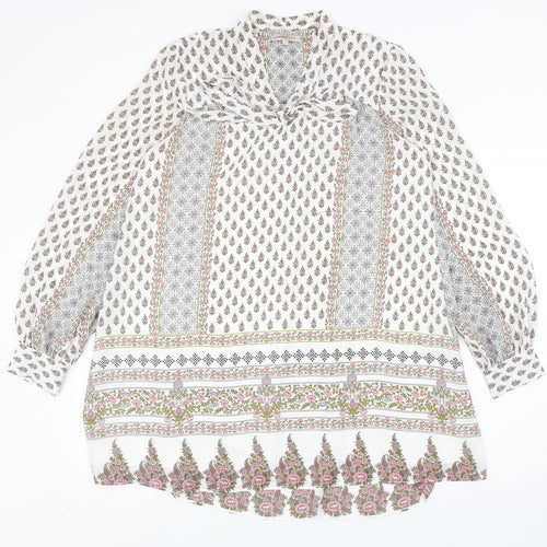 Marks and Spencer Womens White Geometric Polyester Kaftan Size 8 V-Neck Tie