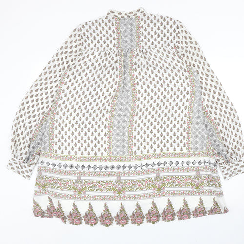 Marks and Spencer Womens White Geometric Polyester Kaftan Size 8 V-Neck Tie