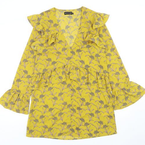 PRETTYLITTLETHING Womens Yellow Floral Polyester Mini Size 6 V-Neck Pullover