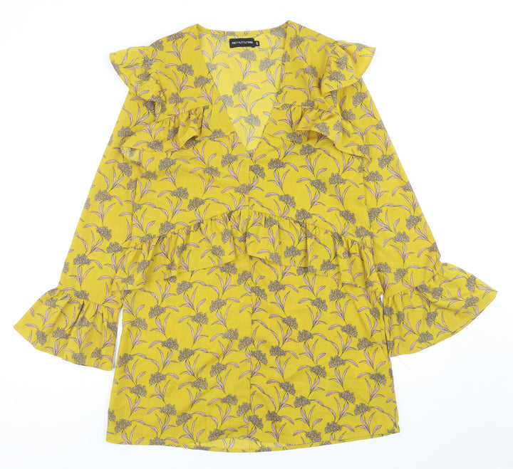 PRETTYLITTLETHING Womens Yellow Floral Polyester Mini Size 6 V-Neck Pullover