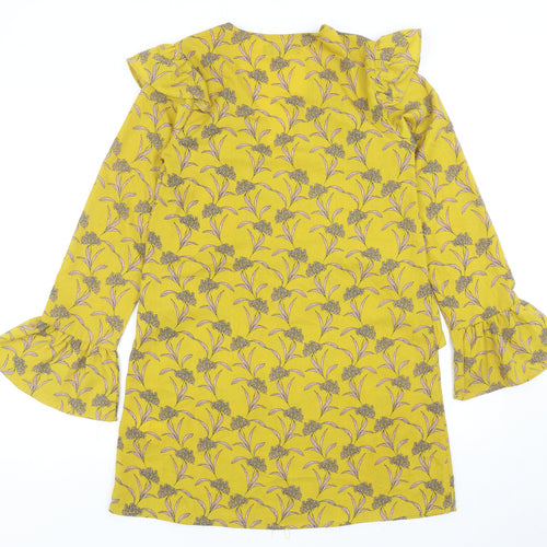 PRETTYLITTLETHING Womens Yellow Floral Polyester Mini Size 6 V-Neck Pullover