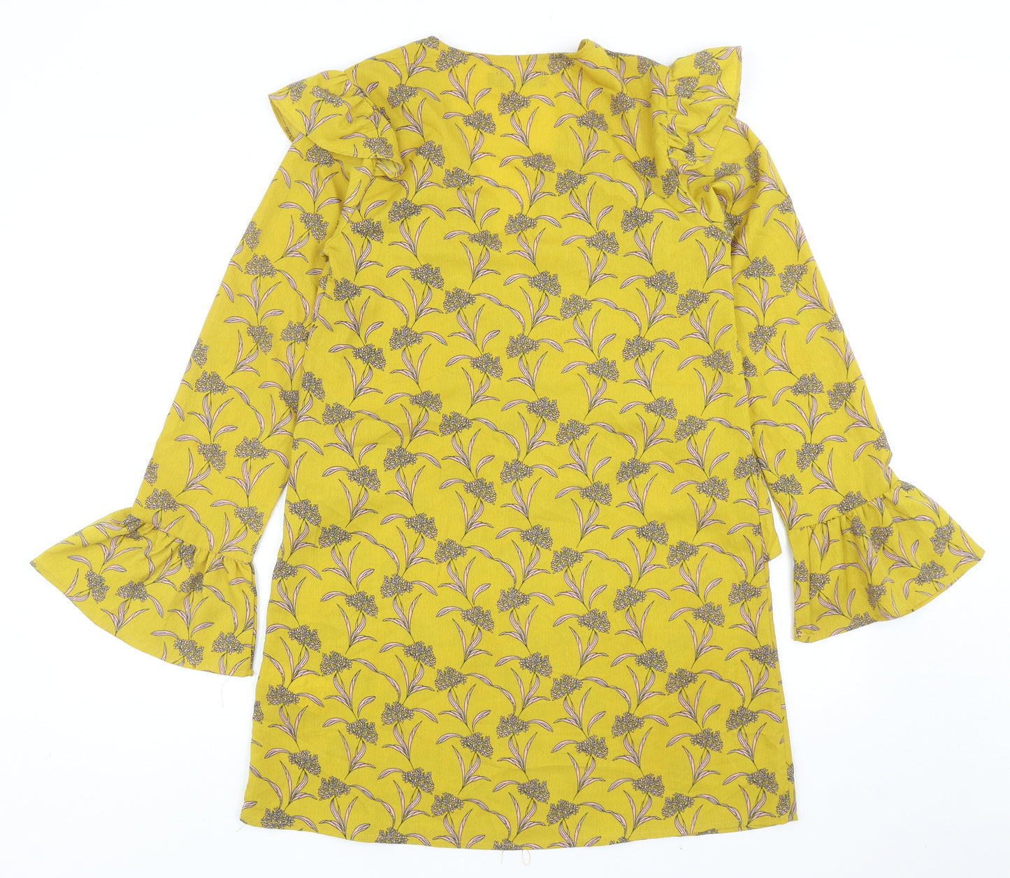 PRETTYLITTLETHING Womens Yellow Floral Polyester Mini Size 6 V-Neck Pullover