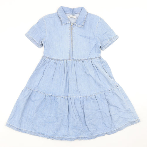 Denim & Co. Womens Blue Cotton Fit & Flare Size 6 Collared Zip - Tiered