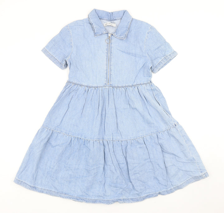 Denim & Co. Womens Blue Cotton Fit & Flare Size 6 Collared Zip - Tiered