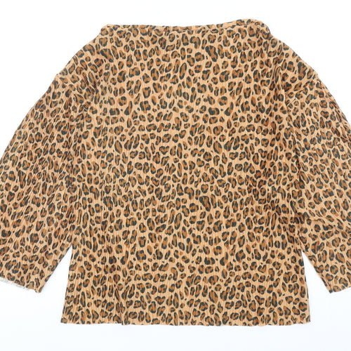 Zara Womens Brown Animal Print Polyester Basic Blouse Size S Round Neck - Leopard Print