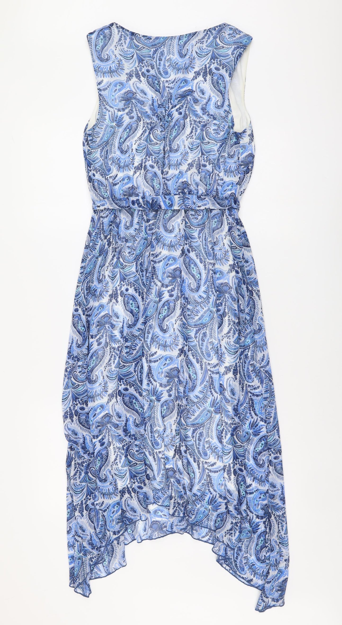 M&Co Womens Blue Paisley Polyester Fit & Flare Size 10 V-Neck Pullover