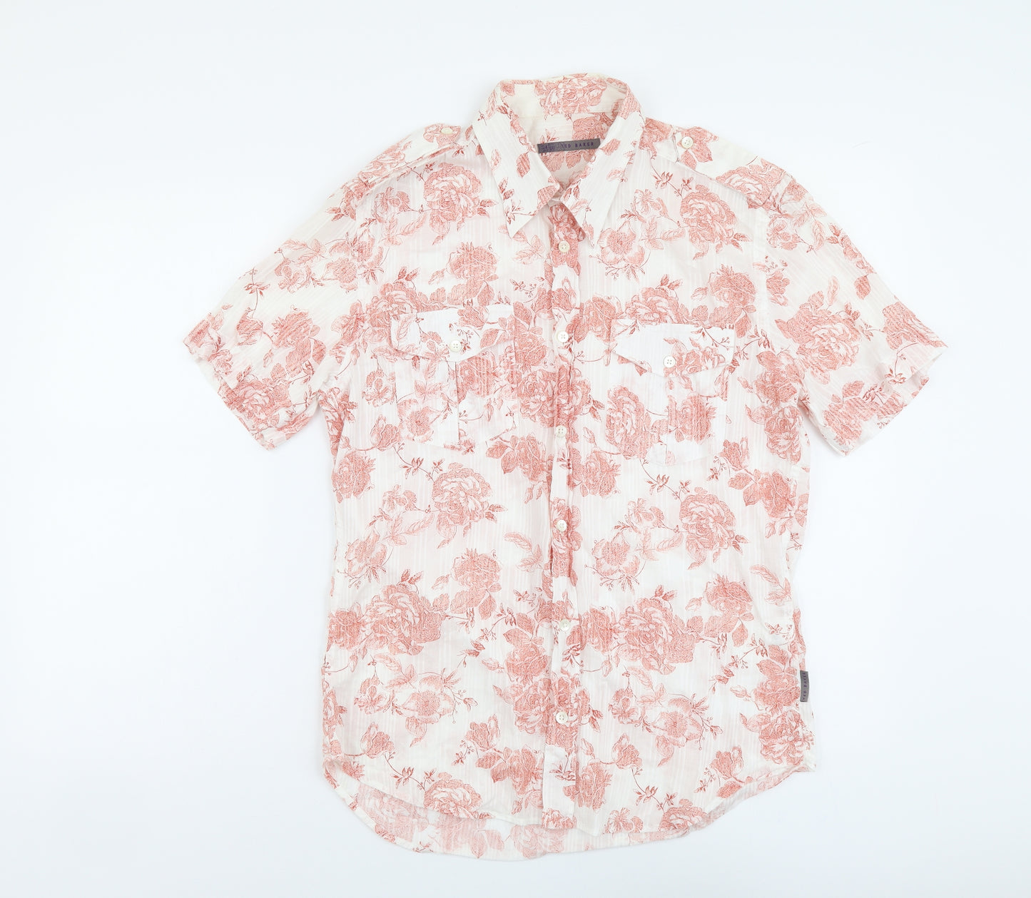 Ted Baker Womens Orange Geometric Cotton Basic Button-Up Size L V-Neck