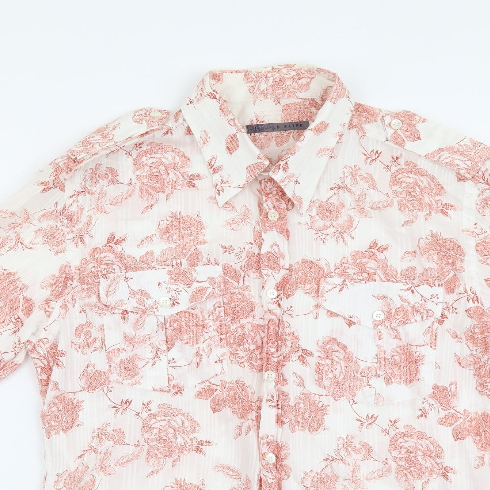 Ted Baker Womens Orange Geometric Cotton Basic Button-Up Size L V-Neck