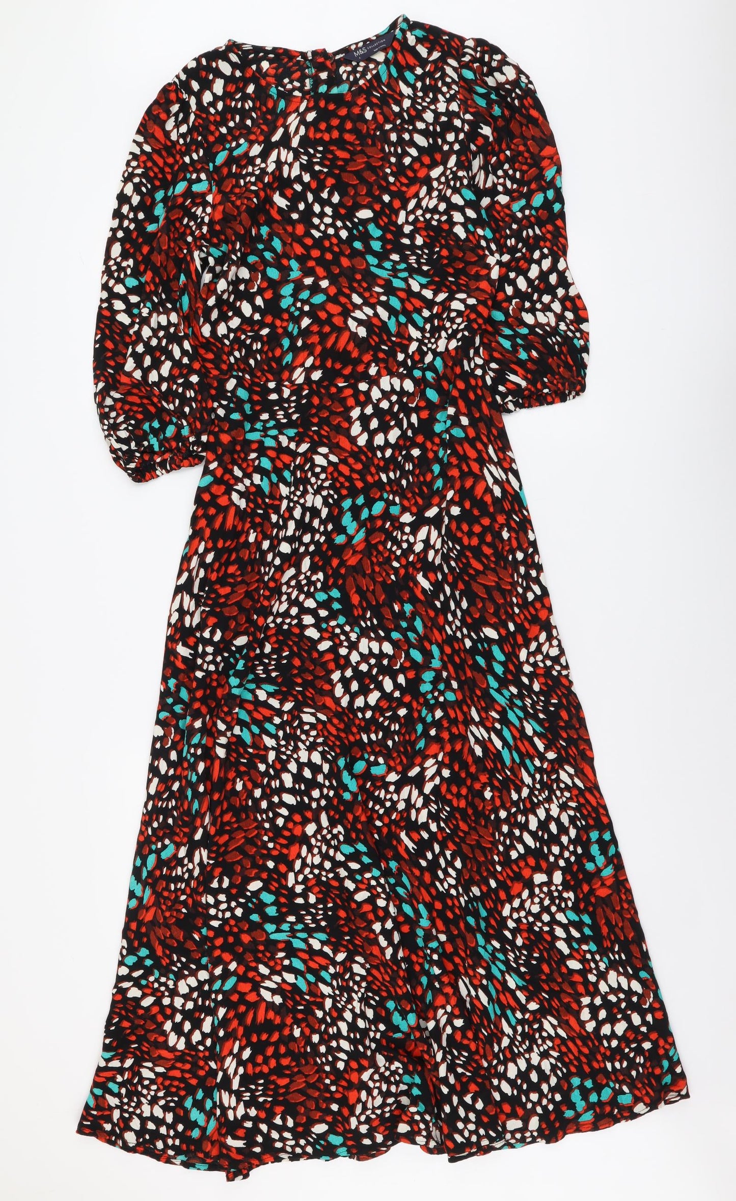 Marks and Spencer Womens Multicoloured Geometric Viscose Fit & Flare Size 6 Round Neck Button