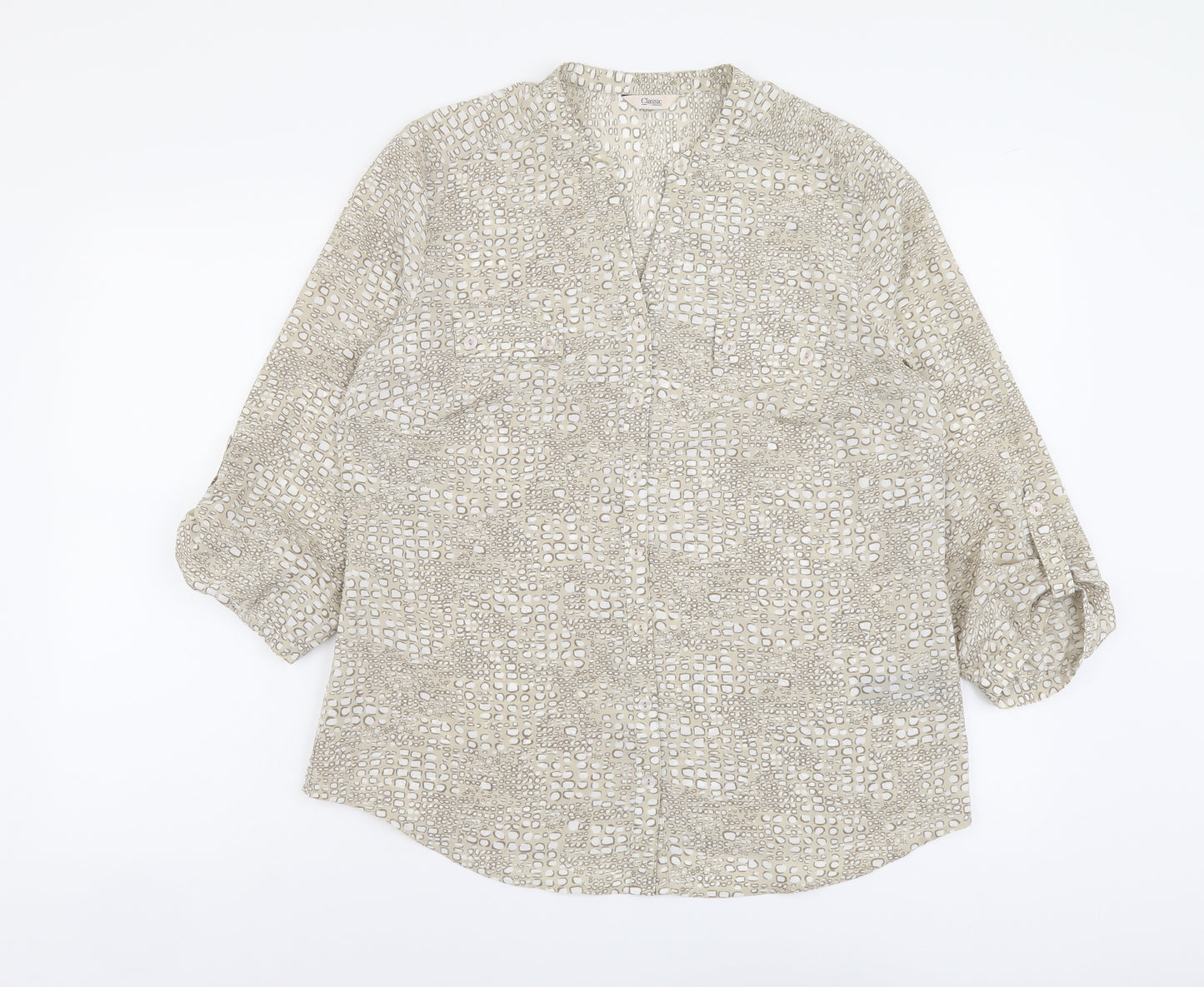 Marks and Spencer Womens Beige Geometric Polyester Basic Blouse Size 14 V-Neck