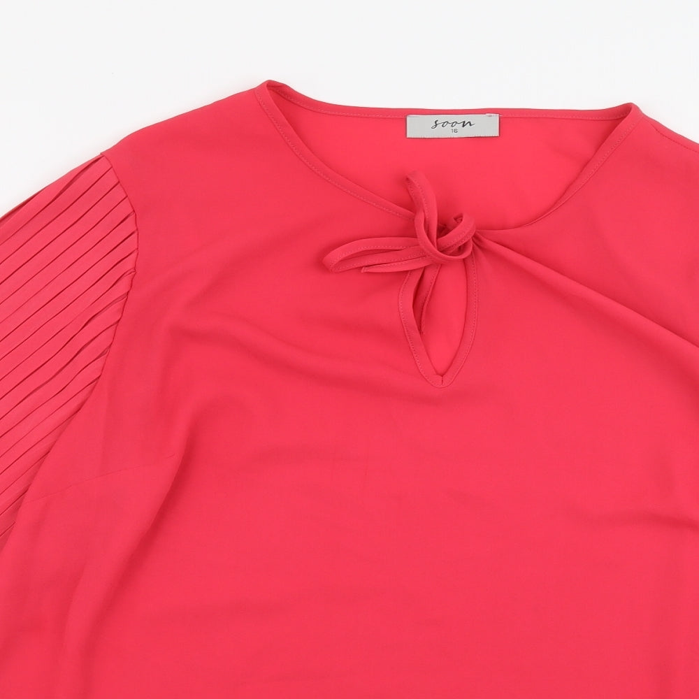 Soon Womens Pink Polyester Basic Blouse Size 16 V-Neck - Pleated Sleeves