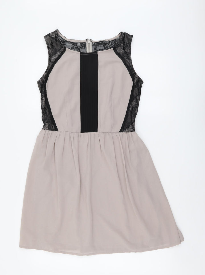 Atmosphere Womens Beige Colourblock Polyester Skater Dress Size 10 Boat Neck Zip - Lace Detail