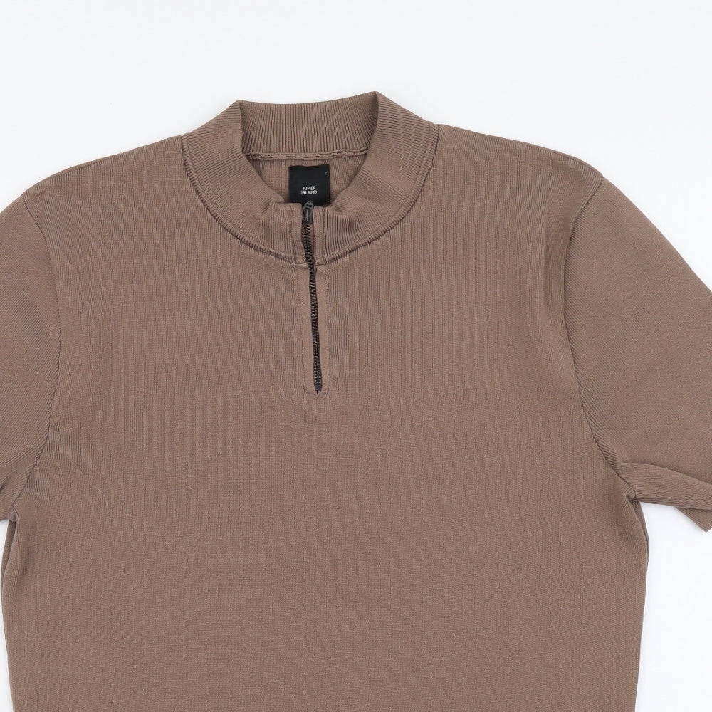 River Island Womens Beige Polyester Basic T-Shirt Size M Round Neck