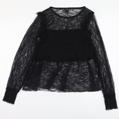 River Island Womens Black Polyester Basic T-Shirt Size 8 Round Neck - Lace Detail