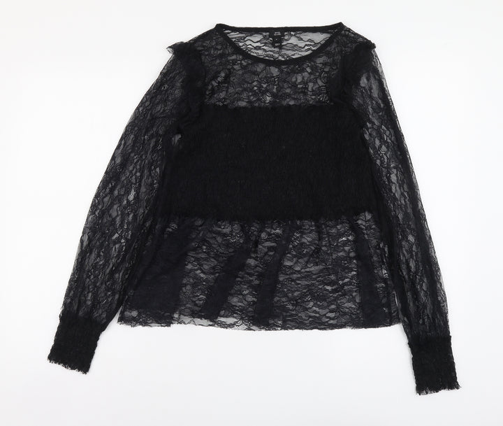 River Island Womens Black Polyester Basic T-Shirt Size 8 Round Neck - Lace Detail