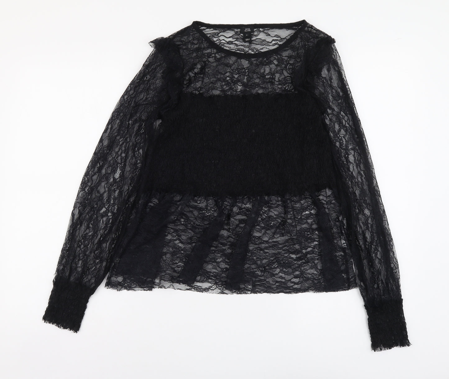 River Island Womens Black Polyester Basic T-Shirt Size 8 Round Neck - Lace Detail
