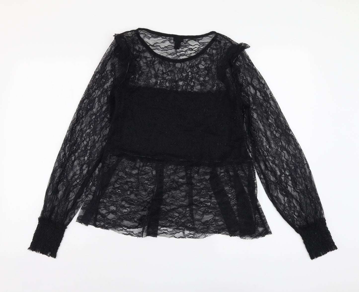 River Island Womens Black Polyester Basic T-Shirt Size 8 Round Neck - Lace Detail