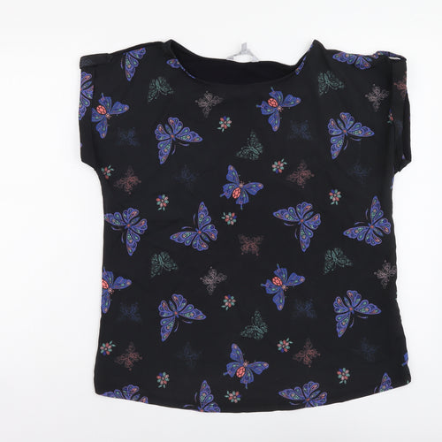 Red Herring Womens Black Geometric Polyester Basic T-Shirt Size 14 Round Neck - Butterfly