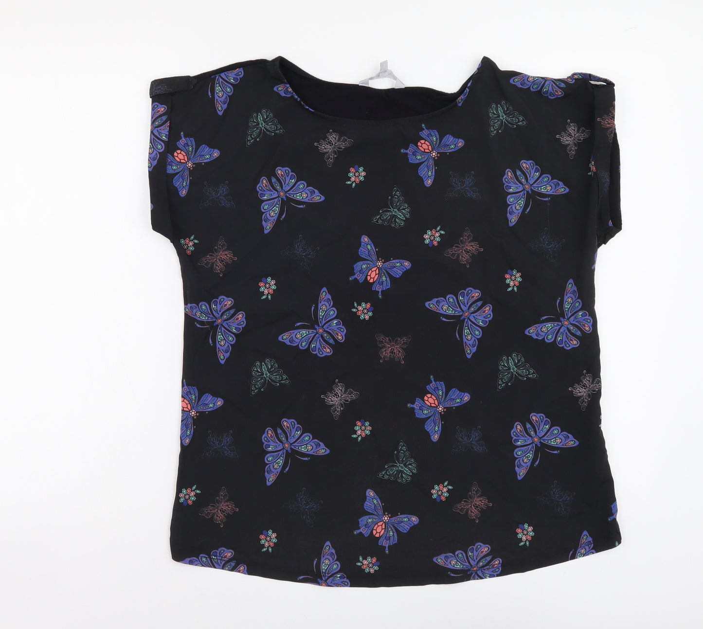 Red Herring Womens Black Geometric Polyester Basic T-Shirt Size 14 Round Neck - Butterfly