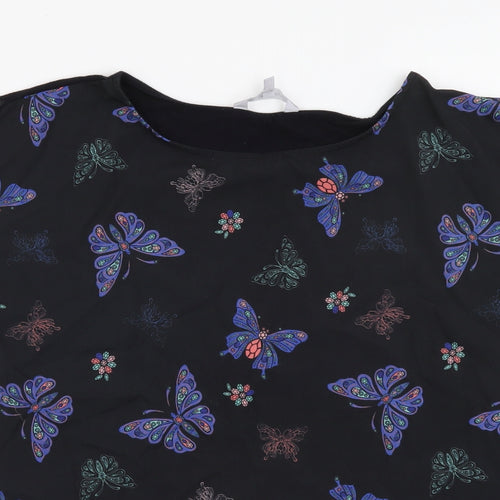 Red Herring Womens Black Geometric Polyester Basic T-Shirt Size 14 Round Neck - Butterfly