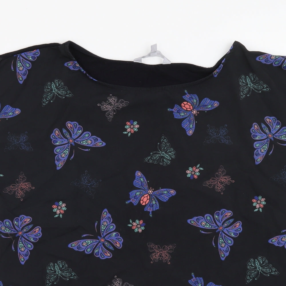 Red Herring Womens Black Geometric Polyester Basic T-Shirt Size 14 Round Neck - Butterfly