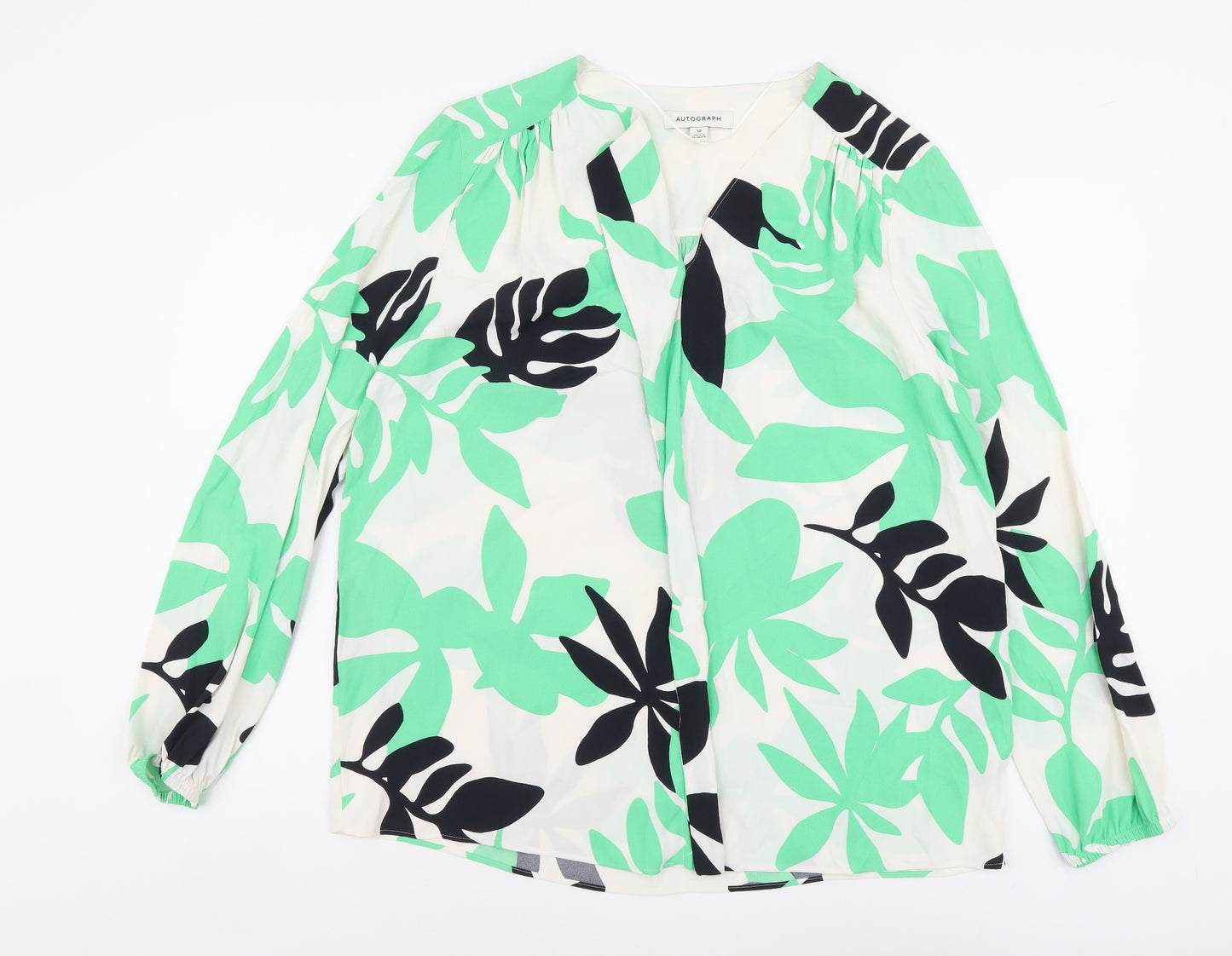 Autograph Womens Green Geometric Viscose Basic Blouse Size 10 V-Neck - Leaf Print