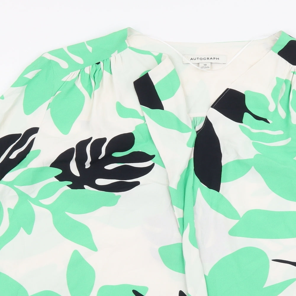 Autograph Womens Green Geometric Viscose Basic Blouse Size 10 V-Neck - Leaf Print