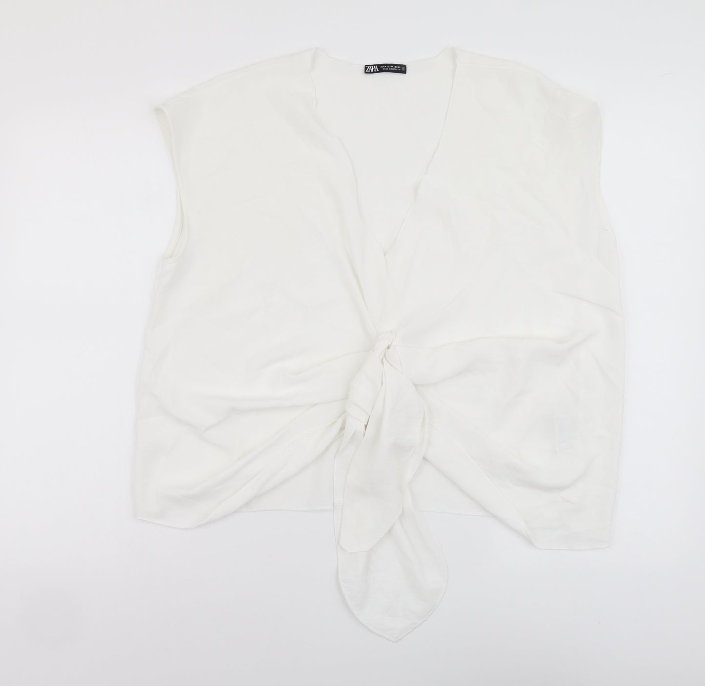 Zara Womens White Polyester Basic Blouse Size M V-Neck - Knot Front