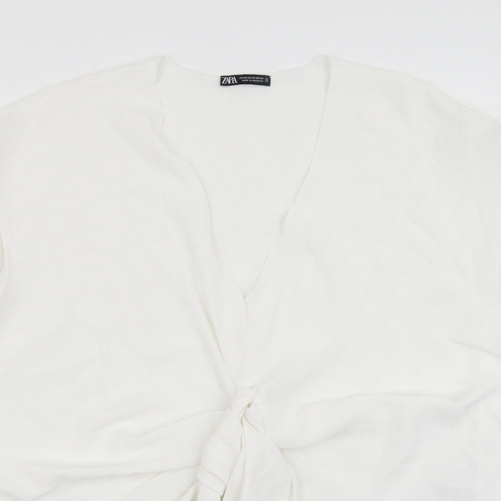 Zara Womens White Polyester Basic Blouse Size M V-Neck - Knot Front