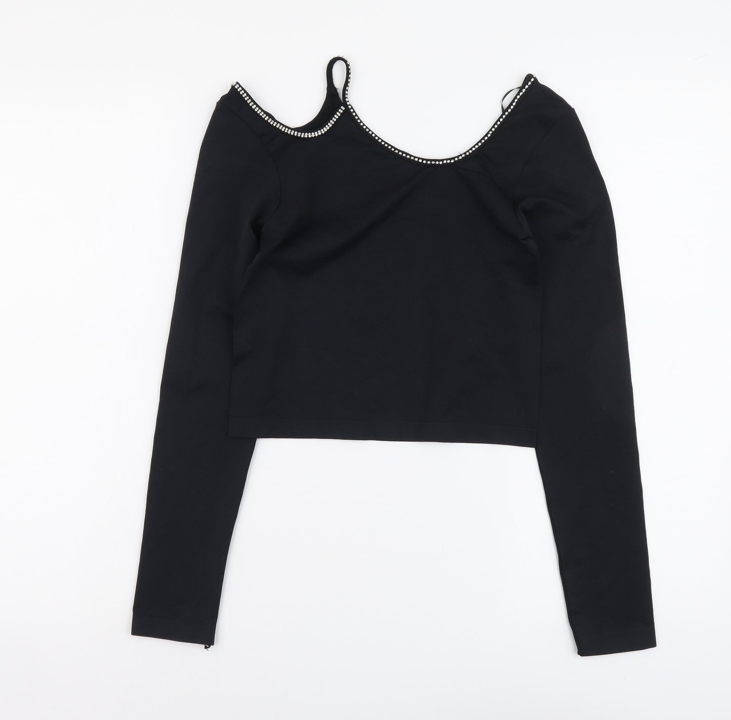 Zara Womens Black Polyamide Basic T-Shirt Size M Round Neck - Cold Shoulder